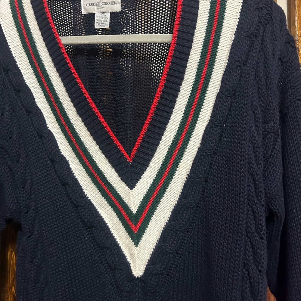 Casual Corner Navy and White V-Neck Sweater - Picture 3 of 5